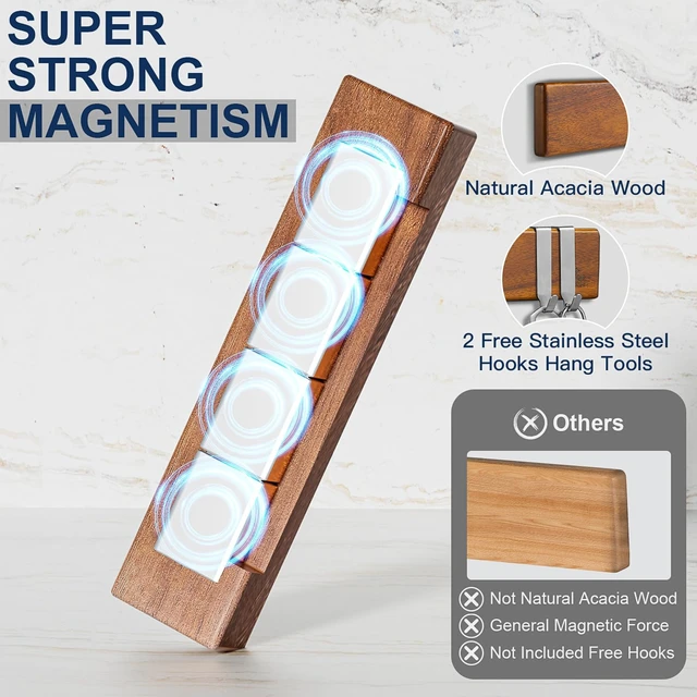 Alt view image 4 of 7 - Magnetic Knife Holder for Wall, 10 Inch Acacia Wood Knife Strip, 2 Hooks | Strong Magnetic Hold, No-drill adhesive, screw, or fridge mounting options for small kitchens, apartments, limited spaces