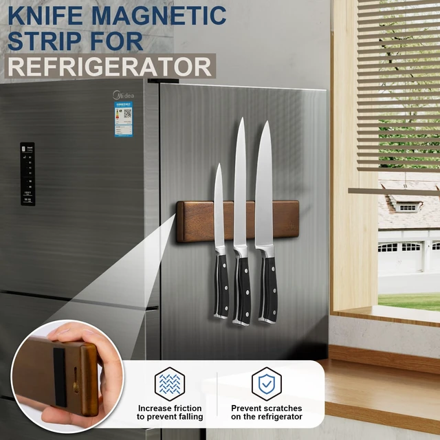 Alt view image 6 of 7 - Magnetic Knife Holder for Wall, 10 Inch Acacia Wood Knife Strip, 2 Hooks | Strong Magnetic Hold, No-drill adhesive, screw, or fridge mounting options for small kitchens, apartments, limited spaces