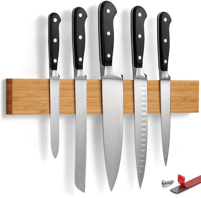 Main image of Magnetic Knife Holder for Wall or Fridge | No-Drill Bamboo Knife Magnetic Strip, 16 - Renter Friendly