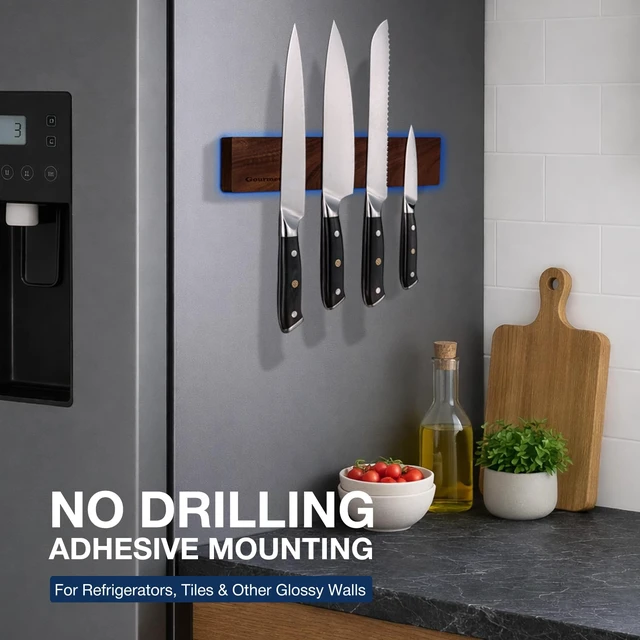 Alt view image 3 of 7 - Magnetic Knife Strip 12, Acacia Wood Knife Holder for Wall Mount | No Drill for Fridge, Dual-Row Magnet Hold 6 Knives & Heavy Cleaver, 3M Tape & Screw Mount, Kitchen Knife & Utensil Organizer