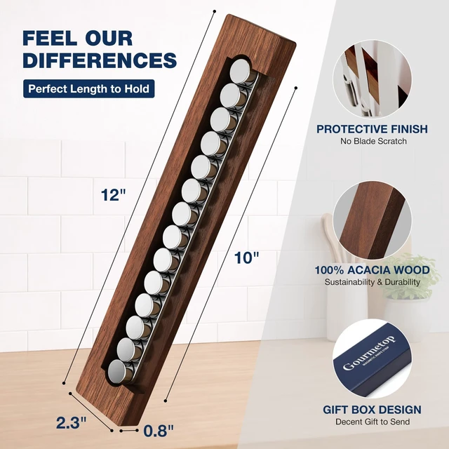 Alt view image 4 of 7 - Magnetic Knife Strip 12, Acacia Wood Knife Holder for Wall Mount | No Drill for Fridge, Dual-Row Magnet Hold 6 Knives & Heavy Cleaver, 3M Tape & Screw Mount, Kitchen Knife & Utensil Organizer