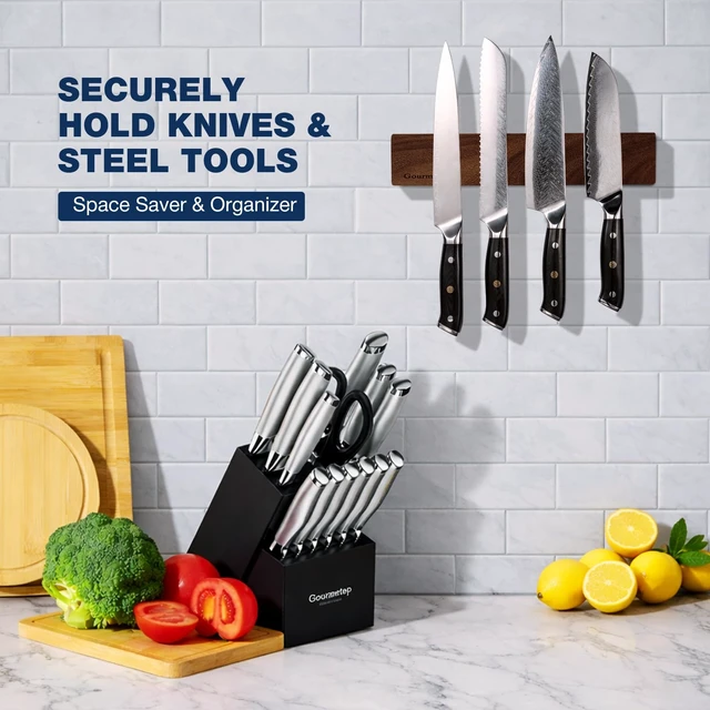 Alt view image 5 of 7 - Magnetic Knife Strip 12, Acacia Wood Knife Holder for Wall Mount | No Drill for Fridge, Dual-Row Magnet Hold 6 Knives & Heavy Cleaver, 3M Tape & Screw Mount, Kitchen Knife & Utensil Organizer