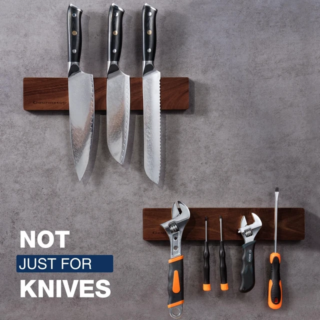 Alt view image 7 of 7 - Magnetic Knife Strip 12, Acacia Wood Knife Holder for Wall Mount | No Drill for Fridge, Dual-Row Magnet Hold 6 Knives & Heavy Cleaver, 3M Tape & Screw Mount, Kitchen Knife & Utensil Organizer