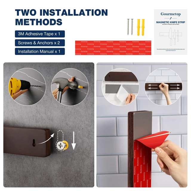 Alt view image 6 of 7 - Magnetic Knife Strip 12, Acacia Wood Knife Holder for Wall Mount | No Drill for Fridge, Dual-Row Magnet Hold 6 Knives & Heavy Cleaver, 3M Tape & Screw Mount, Kitchen Knife & Utensil Organizer