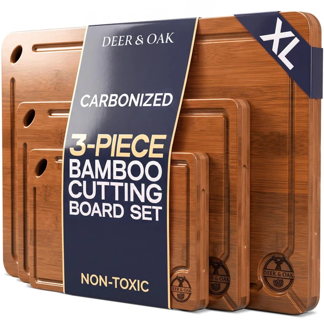Main image of Pre-Oiled, Non Toxic 3-Piece Carbonized Bamboo Cutting Board Set | 16.5 x 11 in, 12 x 8 in, 9 x 6 in · Hanging hole · Eco-friendly 500F technology