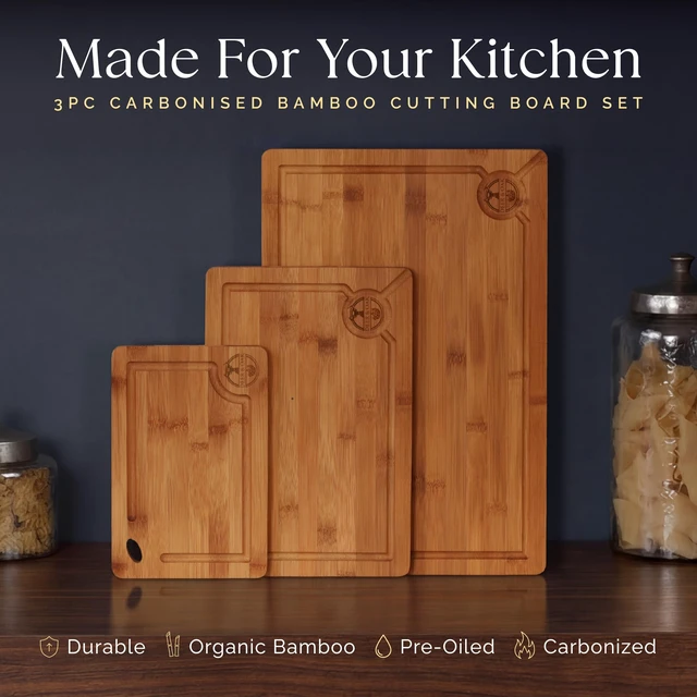Alt view image 2 of 7 - Pre-Oiled, Non Toxic 3-Piece Carbonized Bamboo Cutting Board Set | 16.5 x 11 in, 12 x 8 in, 9 x 6 in · Hanging hole · Eco-friendly 500F technology