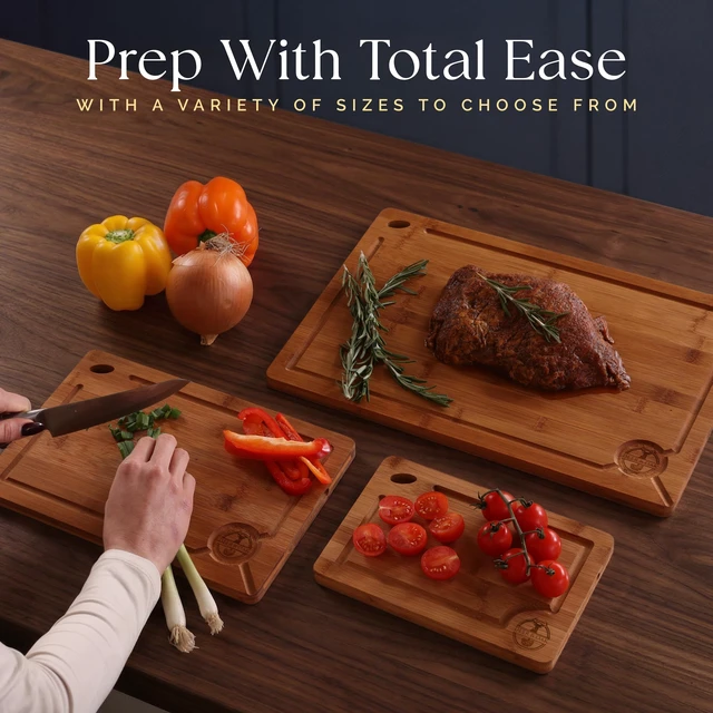 Alt view image 3 of 7 - Pre-Oiled, Non Toxic 3-Piece Carbonized Bamboo Cutting Board Set | 16.5 x 11 in, 12 x 8 in, 9 x 6 in · Hanging hole · Eco-friendly 500F technology