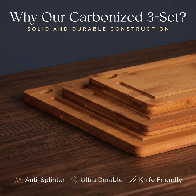 Alt view image 4 of 7 - Pre-Oiled, Non Toxic 3-Piece Carbonized Bamboo Cutting Board Set | 16.5 x 11 in, 12 x 8 in, 9 x 6 in · Hanging hole · Eco-friendly 500F technology