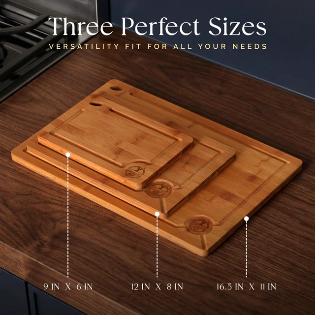 Alt view image 5 of 7 - Pre-Oiled, Non Toxic 3-Piece Carbonized Bamboo Cutting Board Set | 16.5 x 11 in, 12 x 8 in, 9 x 6 in · Hanging hole · Eco-friendly 500F technology