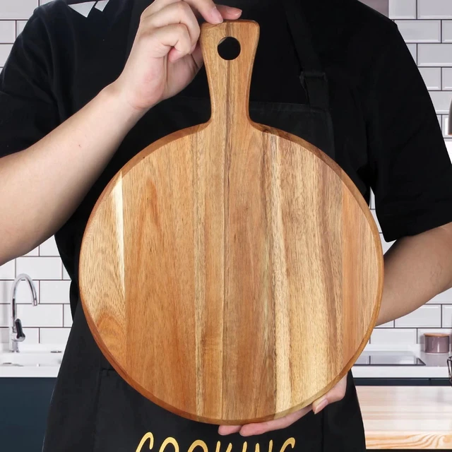 Alt view image 2 of 7 - Acacia Wood Cutting Boards for Kitchen Round Chopping Charcuterie Boards | Serving Pizza Cheese Board with Handle Decorative Solid Large Wooden Cutting Board Non Toxic Meat Bread Boards Butcher Block