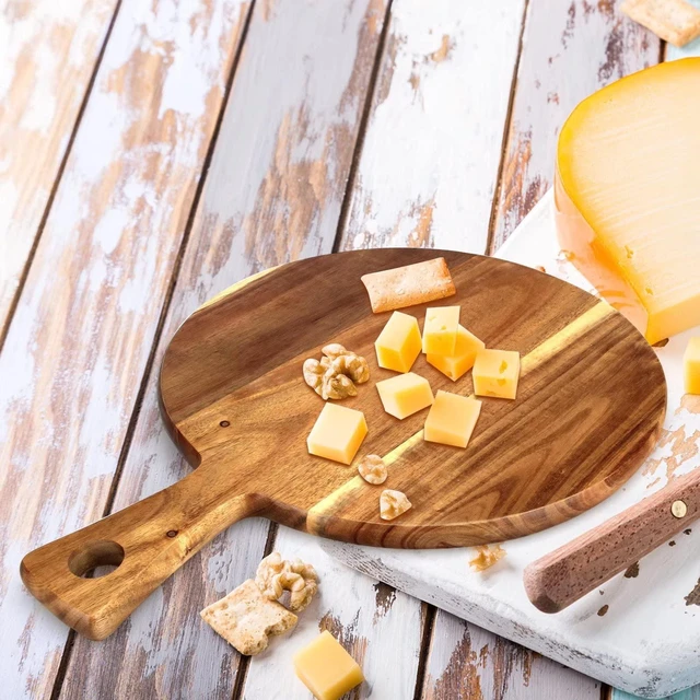 Alt view image 7 of 7 - Acacia Wood Cutting Boards for Kitchen Round Chopping Charcuterie Boards | Serving Pizza Cheese Board with Handle Decorative Solid Large Wooden Cutting Board Non Toxic Meat Bread Boards Butcher Block