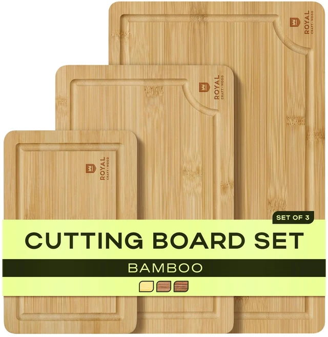 Main image of Wooden Cutting Boards for Kitchen Meal Prep & Serving - Bamboo Wood Serving Board Set with Deep Juice Groove Side Handles - Charcuterie & Chopping Butcher Block for Meat