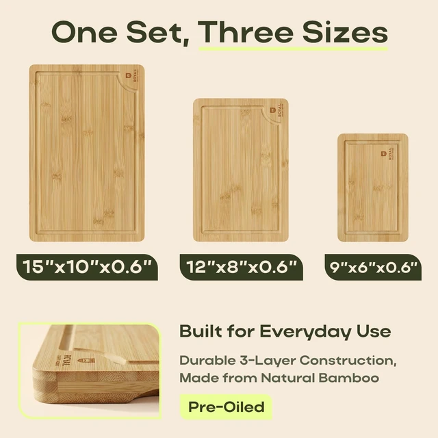 Alt view image 2 of 7 - Wooden Cutting Boards for Kitchen Meal Prep & Serving - Bamboo Wood Serving Board Set with Deep Juice Groove Side Handles - Charcuterie & Chopping Butcher Block for Meat