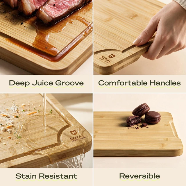 Alt view image 3 of 7 - Wooden Cutting Boards for Kitchen Meal Prep & Serving - Bamboo Wood Serving Board Set with Deep Juice Groove Side Handles - Charcuterie & Chopping Butcher Block for Meat