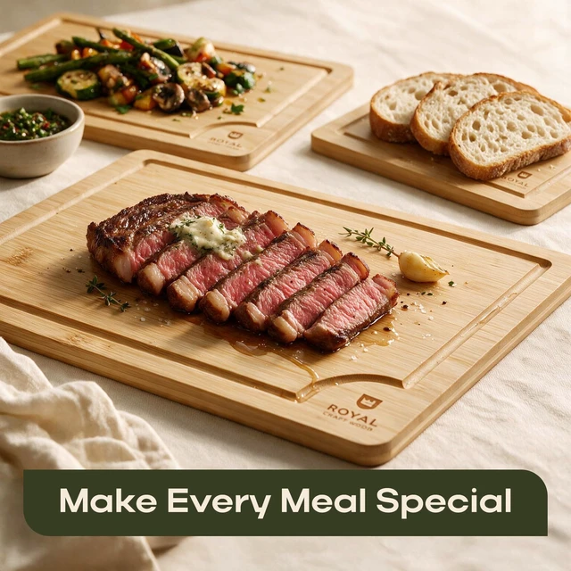 Alt view image 4 of 7 - Wooden Cutting Boards for Kitchen Meal Prep & Serving - Bamboo Wood Serving Board Set with Deep Juice Groove Side Handles - Charcuterie & Chopping Butcher Block for Meat