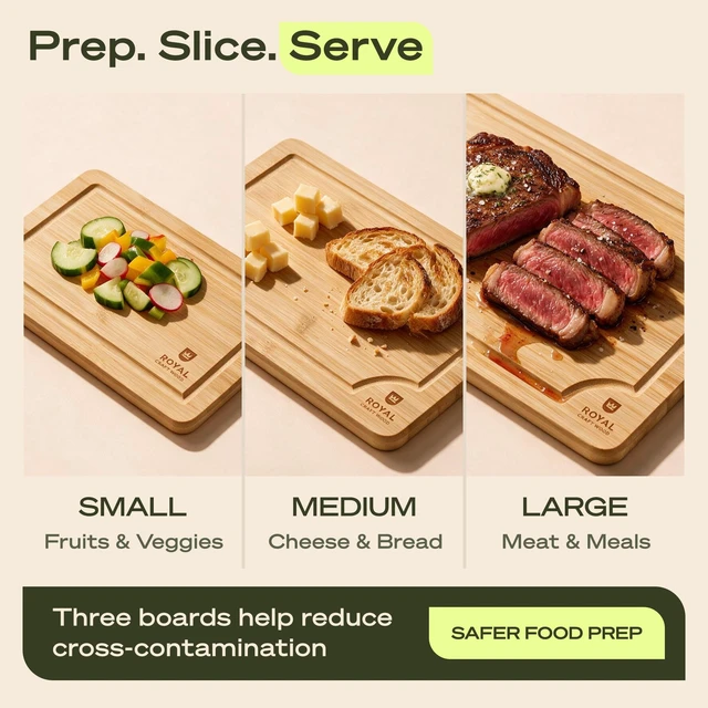 Alt view image 5 of 7 - Wooden Cutting Boards for Kitchen Meal Prep & Serving - Bamboo Wood Serving Board Set with Deep Juice Groove Side Handles - Charcuterie & Chopping Butcher Block for Meat