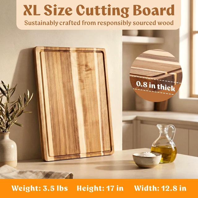 Alt view image 2 of 7 - Extra Large Acacia Wood Cutting Board 17x13, Juice Groove | Non Toxic Wooden Chopping Boards, Knife Friendly, Large Kitchen Boards for Meat, Cheese, Charcuterie & Serving