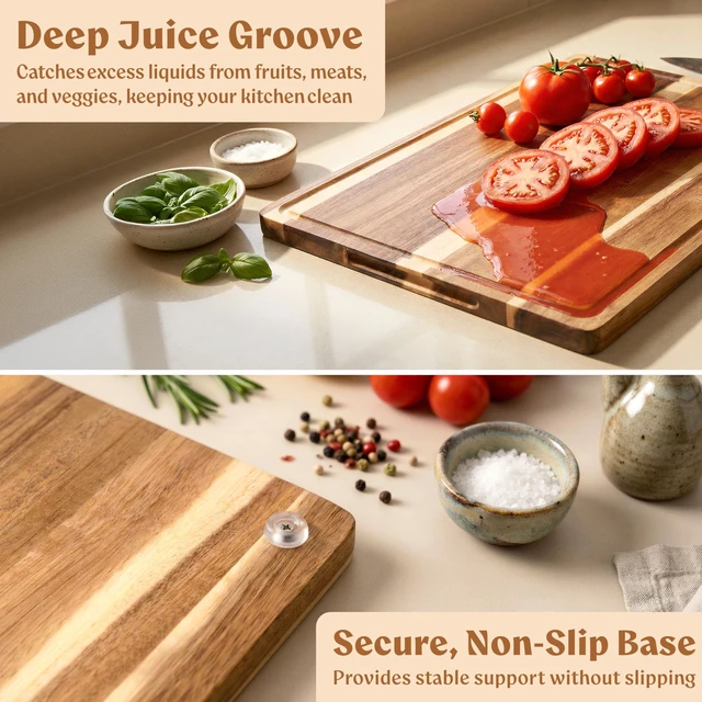 Alt view image 6 of 7 - Extra Large Acacia Wood Cutting Board 17x13, Juice Groove | Non Toxic Wooden Chopping Boards, Knife Friendly, Large Kitchen Boards for Meat, Cheese, Charcuterie & Serving