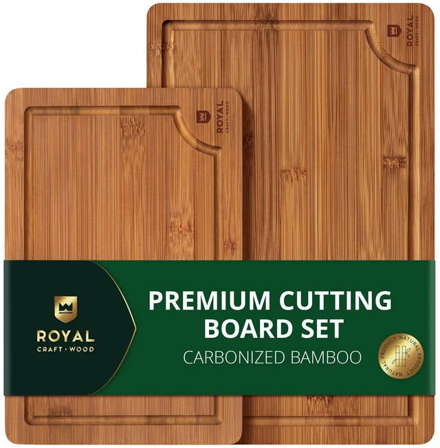 Main image of Wooden Cutting Boards for Kitchen Meal Prep & Serving - Bamboo Non Toxic Cutting Board Set with Deep Juice Groove Side Handles - Charcuterie & Chopping Butcher Block for Meat (2 Pcs)