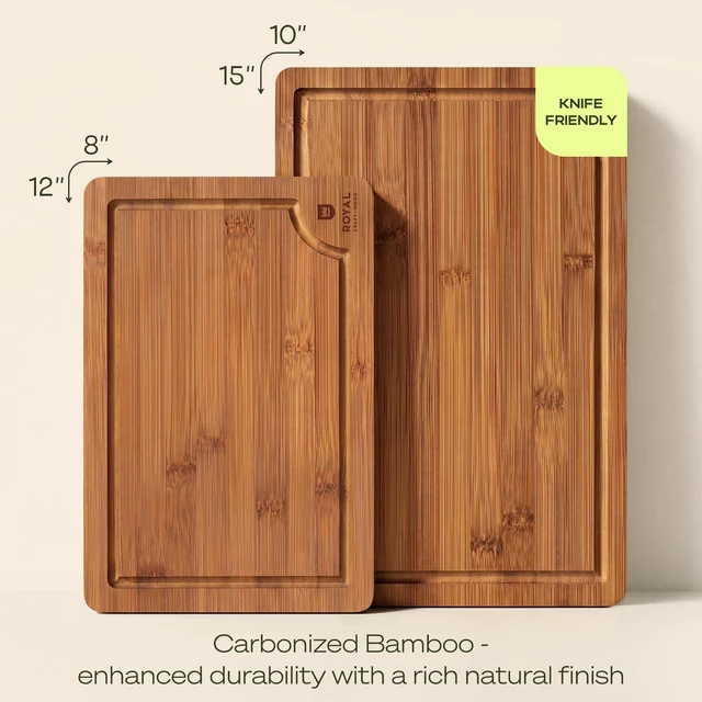 Alt view image 2 of 7 - Wooden Cutting Boards for Kitchen Meal Prep & Serving - Bamboo Non Toxic Cutting Board Set with Deep Juice Groove Side Handles - Charcuterie & Chopping Butcher Block for Meat (2 Pcs)