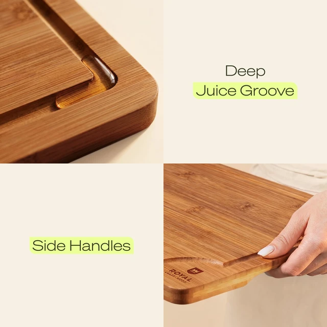 Alt view image 4 of 7 - Wooden Cutting Boards for Kitchen Meal Prep & Serving - Bamboo Non Toxic Cutting Board Set with Deep Juice Groove Side Handles - Charcuterie & Chopping Butcher Block for Meat (2 Pcs)