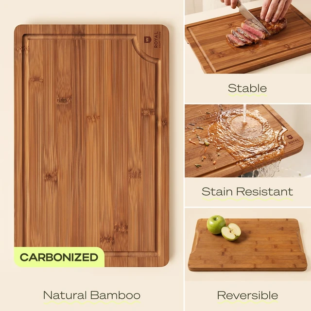 Alt view image 3 of 7 - Wooden Cutting Boards for Kitchen Meal Prep & Serving - Bamboo Non Toxic Cutting Board Set with Deep Juice Groove Side Handles - Charcuterie & Chopping Butcher Block for Meat (2 Pcs)