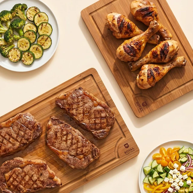 Alt view image 7 of 7 - Wooden Cutting Boards for Kitchen Meal Prep & Serving - Bamboo Non Toxic Cutting Board Set with Deep Juice Groove Side Handles - Charcuterie & Chopping Butcher Block for Meat (2 Pcs)
