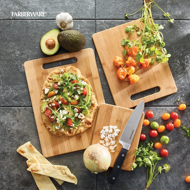 Alt view image 3 of 7 - 3-Piece Wood Cutting Board Set, Reversible Chopping Boards for Meal Prep and Serving, Charcuterie Boards, Wooden Cutting Boards with Built-in Handles, Set of 3 Assorted Sizes, Bamboo