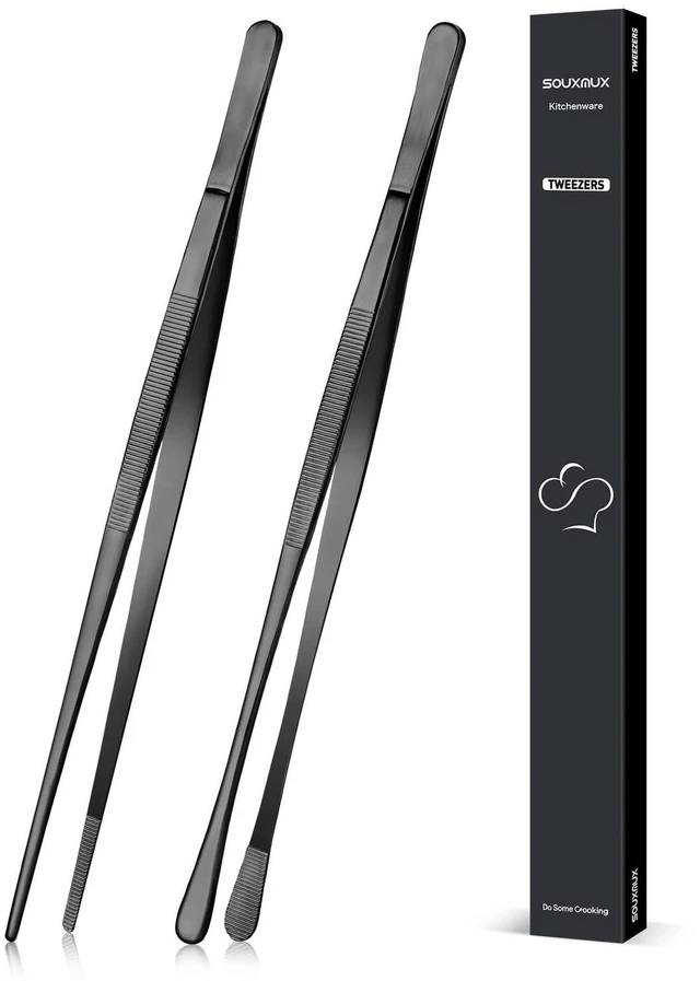 Main image of 2 Pcs 12-inch Cooking Tweezers Tongs Precision Serrated Tips, Stainless Steel Professional Chef Tweezer Kitchen Tools for BBQ, Plating and Serving (Black)