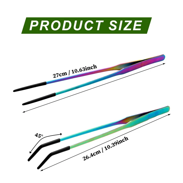 Alt view image 2 of 7 - OLIISS Iridescent Reptile Feeding Tongs with Rubber Tips, 10.6", 2 Pack | Straight & Curved, Stainless Steel, Secure Grip, Feeder Tools for Bearded Dragons, Geckos & Lizards, Terrarium Tank Supplies