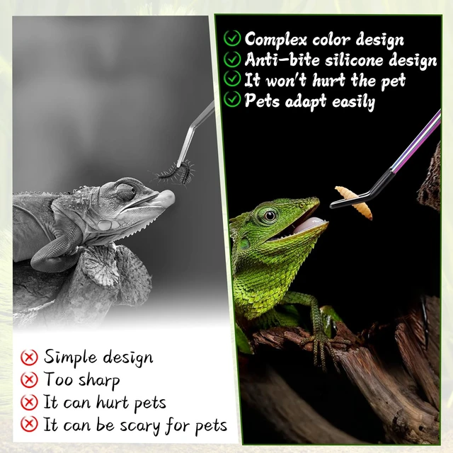 Alt view image 5 of 7 - OLIISS Iridescent Reptile Feeding Tongs with Rubber Tips, 10.6", 2 Pack | Straight & Curved, Stainless Steel, Secure Grip, Feeder Tools for Bearded Dragons, Geckos & Lizards, Terrarium Tank Supplies
