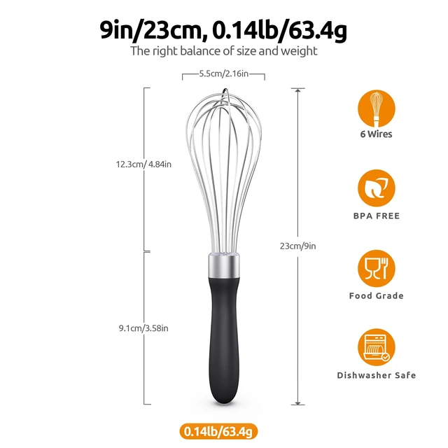 Alt view image 2 of 7 - Wire Whisk for Cooking, 18/10 Stainless Steel Balloon Wisk, S/Black | Kitchen Metal Whisk Rustproof, Manual Egg Beater with 6 Flex Wires, Hand Wisking Tool for Baking Mixing Stirring Blending