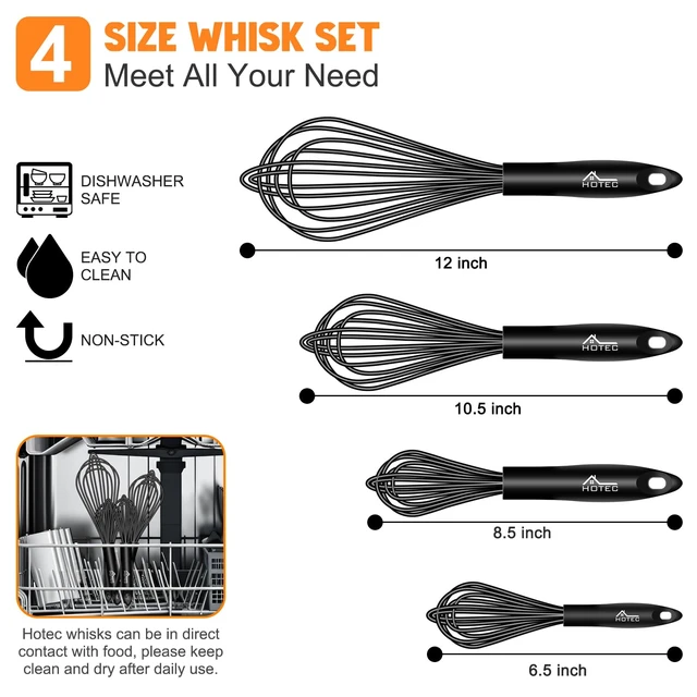 Alt view image 3 of 7 - 4 Pieces Silicone Whisks Set, Wire Balloon Whisks for cooking Egg Beater, Non-slip Handle Whisk for Non-stick Cookware Perfect for Cooking, Stirring, Beating and Blending,Black