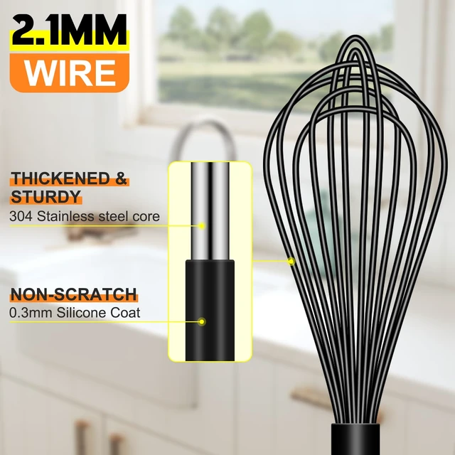 Alt view image 7 of 7 - 4 Pieces Silicone Whisks Set, Wire Balloon Whisks for cooking Egg Beater, Non-slip Handle Whisk for Non-stick Cookware Perfect for Cooking, Stirring, Beating and Blending,Black