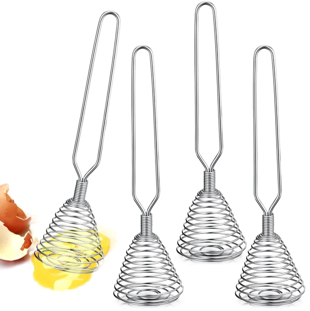 Main image of 4 Pcs Stainless Steel Spring Whisk, 8.46 Inch Hand Push Beater | French Wire Design, Kitchen Tool Ideal for Whisking Beating Stirring Blending, Durable Metal Utensil with Eggs