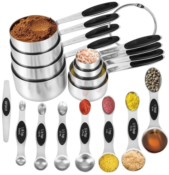 Main image of 16 Pieces Measuring Cups and Magnetic Measuring Spoons Set Stainless Steel,8 Measure Cups with Silicone Handle and 7 Double Sided Magnetic Measure Spoons & 1 Leveler