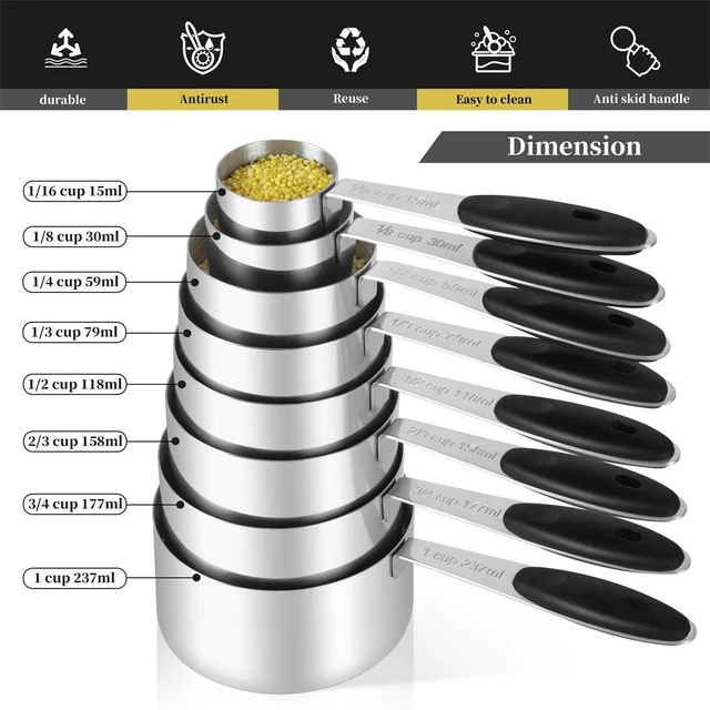 Alt view image 2 of 7 - 16 Pieces Measuring Cups and Magnetic Measuring Spoons Set Stainless Steel,8 Measure Cups with Silicone Handle and 7 Double Sided Magnetic Measure Spoons & 1 Leveler