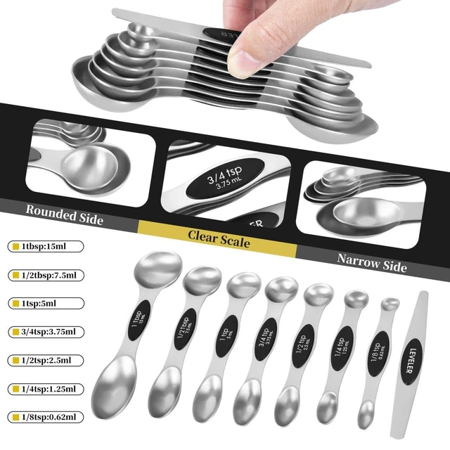 Alt view image 3 of 7 - 16 Pieces Measuring Cups and Magnetic Measuring Spoons Set Stainless Steel,8 Measure Cups with Silicone Handle and 7 Double Sided Magnetic Measure Spoons & 1 Leveler