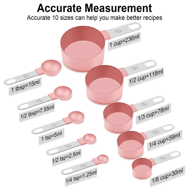 Alt view image 3 of 7 - Measuring Cups and Spoons Set, 10-Piece with Stainless Steel Handles, Pink |Nesting, Multiple Sizes to Measure Dry & Liquid Ingredients, Clear Markings, Kitchen Essentials Gadgets for Baking & Cooking