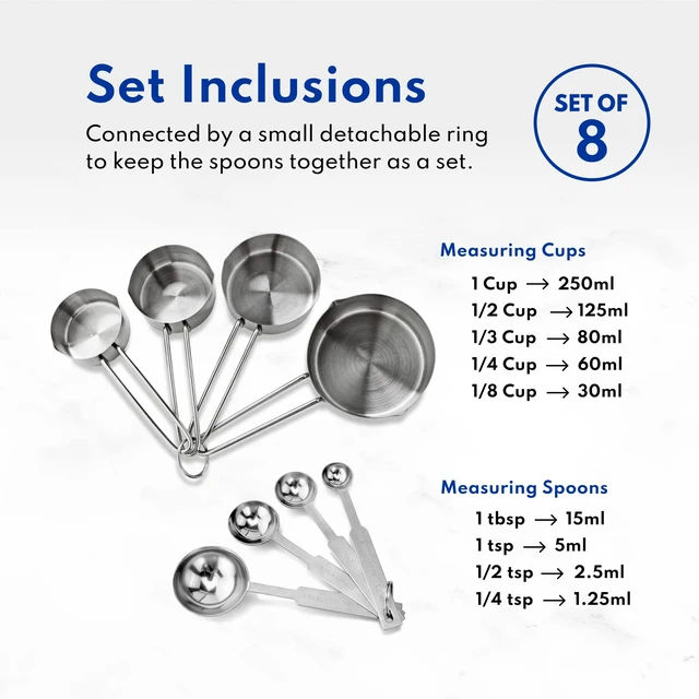 Alt view image 4 of 7 - 42917 Stainless Steel Measuring Cups and Spoons Set, 8-Piece Metal Measuring Set for Baking, Cooking, Dry and Liquid Ingredients, Restaurant Grade, Silver