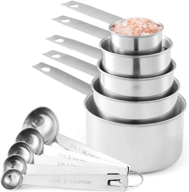 Main image of Stainless Steel Measuring Cups and Spoons Set, 10-Piece | Satin-brushed Steel, Engraved Metric and US Standard Markings, Elongated Handles, Nesting Ring Storage, and Dishwasher Safe