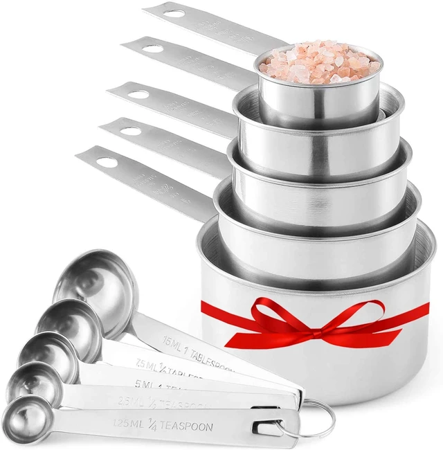 Alt view image 2 of 7 - Stainless Steel Measuring Cups and Spoons Set, 10-Piece | Satin-brushed Steel, Engraved Metric and US Standard Markings, Elongated Handles, Nesting Ring Storage, and Dishwasher Safe