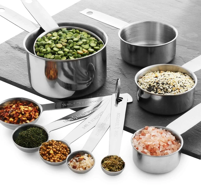 Alt view image 4 of 7 - Stainless Steel Measuring Cups and Spoons Set, 10-Piece | Satin-brushed Steel, Engraved Metric and US Standard Markings, Elongated Handles, Nesting Ring Storage, and Dishwasher Safe