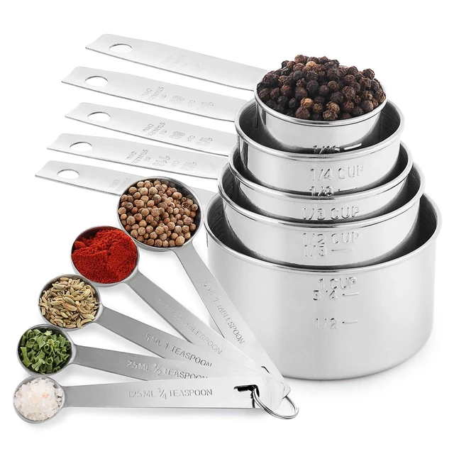 Alt view image 3 of 7 - Stainless Steel Measuring Cups and Spoons Set, 10-Piece | Satin-brushed Steel, Engraved Metric and US Standard Markings, Elongated Handles, Nesting Ring Storage, and Dishwasher Safe
