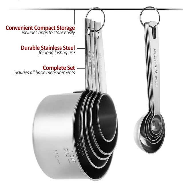 Alt view image 7 of 7 - Stainless Steel Measuring Cups and Spoons Set, 10-Piece | Satin-brushed Steel, Engraved Metric and US Standard Markings, Elongated Handles, Nesting Ring Storage, and Dishwasher Safe