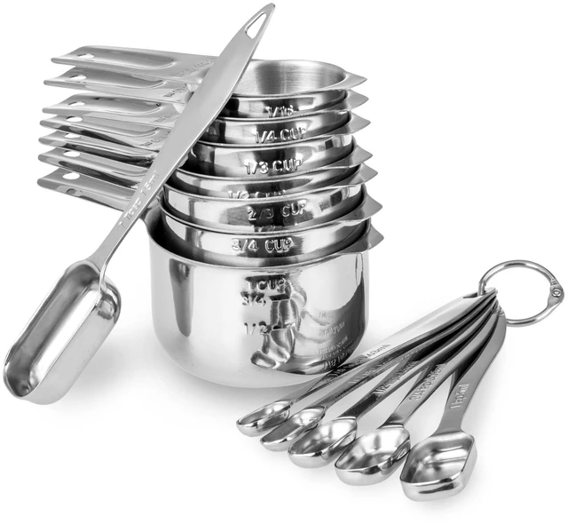 Main image of 13-Piece Measuring Cups and Spoons Set, 18/8 Stainless Steel, Silver | Clearly Marked US and Metric Measurements, 7 Cups and 6 Spoons Nest for Dry and Wet Ingredients in Cooking and Baking