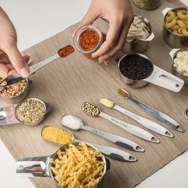 Alt view image 7 of 7 - 13-Piece Measuring Cups and Spoons Set, 18/8 Stainless Steel, Silver | Clearly Marked US and Metric Measurements, 7 Cups and 6 Spoons Nest for Dry and Wet Ingredients in Cooking and Baking