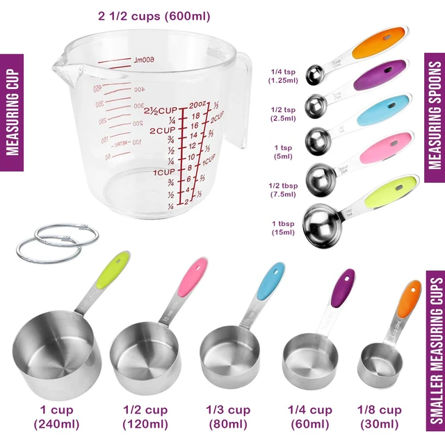 Alt view image 2 of 7 - Measuring Cups and Spoons Set 11 Piece. Includes 10 Stainless Steel Measuring Spoons and Cups Set and 1 Plastic Measuring Cup. Liquid Measuring Cups Set and Dry Metal Measuring Cup Set