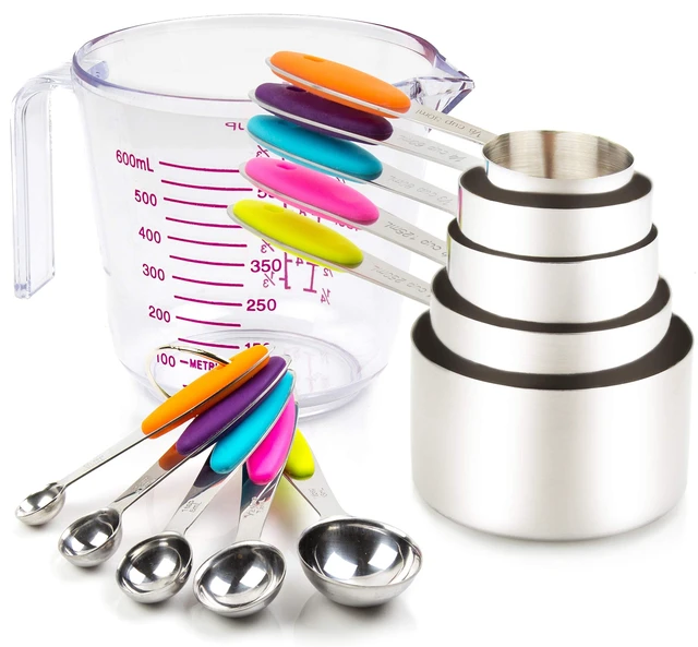 Main image of Measuring Cups and Spoons Set 11 Piece. Includes 10 Stainless Steel Measuring Spoons and Cups Set and 1 Plastic Measuring Cup. Liquid Measuring Cups Set and Dry Metal Measuring Cup Set