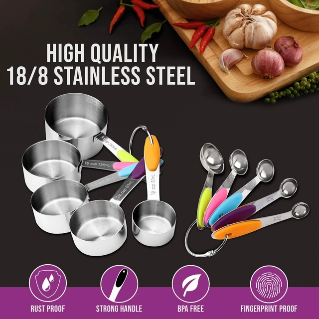 Alt view image 3 of 7 - Measuring Cups and Spoons Set 11 Piece. Includes 10 Stainless Steel Measuring Spoons and Cups Set and 1 Plastic Measuring Cup. Liquid Measuring Cups Set and Dry Metal Measuring Cup Set